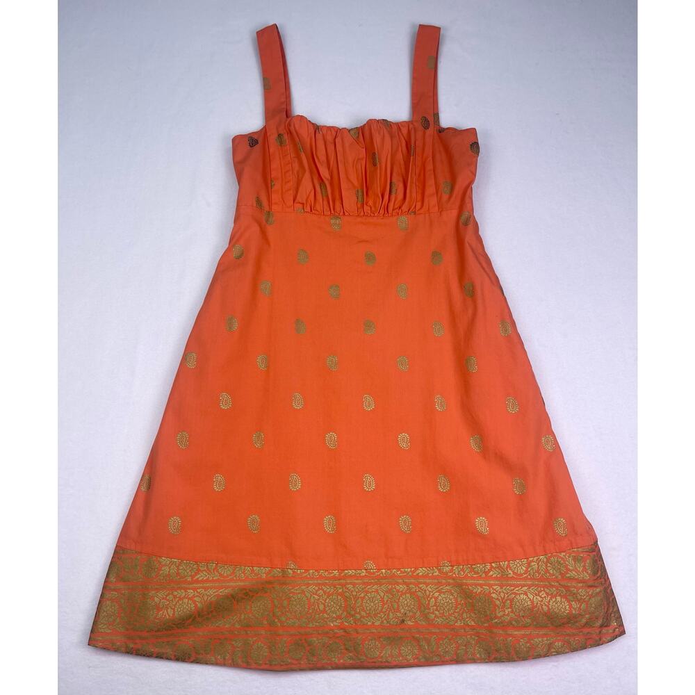 Maeve Anthropologie Orange Gold Indian Paisley 100% Cotton Mini Dress Size 0 - Picture 4 of 12